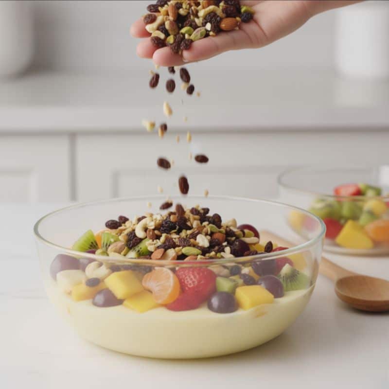 Add the raisins and the chopped nuts